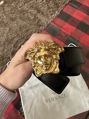 Versace La Medusa Greca Buckle Adjustable Leather Size 32in Belt (Black/Gold) • $300