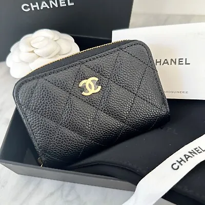 New CHANEL Classic Zipped Coin Purse Card Holder Caviar Black Gold Wallet • $1450