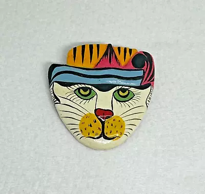 Colorful Vintage Painted Wood Cat Feline Head Brooch Pin • $14