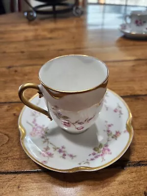 Haviland Limoges Straight Side Demitasse Tea Cup And Saucer Pink Flower French  • £22.80