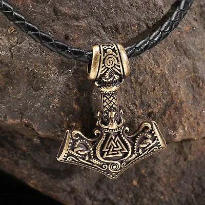 Men's Vintage Bronze Stainless Steel Viking Thor Hammer Mjolnir Pendant Necklace • $9.99