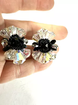 Vintage Earrings Vendome Glass Black Bead Fan Bow Filigree Back Screw • $20