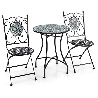 3pcs Patio Bistro Set Outdoor Mosaic Dining Set Round Table & 2 Folding Chairs • £139.95