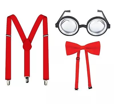 Red 3 Piece Goofy School Nerd Fancy Dress Geek Costume Braces Glasses Bow Tie UK • £4.25