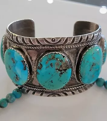 Mens RUSTIC Old Pawn Handmade VTG STERLING NAVAJO Wide BIG Turquoise Bracelet • $51