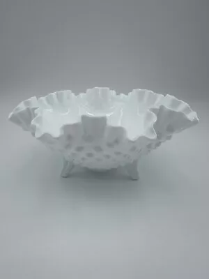 Fenton Milk Glass Crimped Ruffled Tri-Footed Hobnail Bowl Candy Dish Catch All • $24.95