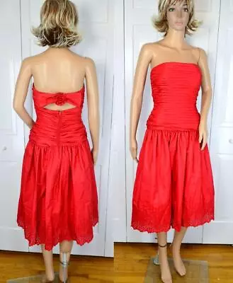 VTG 80s Red Morton Myles Pin Tuck Keyhole Eyelet Full Skirt Formal Prom Dress 6 • $29.99