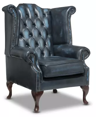 FAST DELIVERY Chesterfield Highback Queen Anne Chair Antique Blue Leather • £639.99