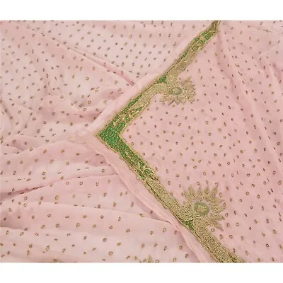 Sanskriti Vintage Dupatta Pure Chiffon Silk Baby Pink Handmade Wedding Stole • $95