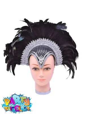 £16.49 • Buy Ladies Black Feather Helmet With Jewel And Plume Burlesque Carnival Headpiece 