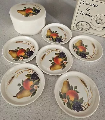 Coaster Set With Holder. 6 Coasters. Melamine Harvest Fruit Design In Holder  • £6.99