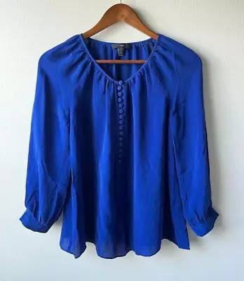 J Crew Womens Shirt Size 4 Blouse 100% Silk V Neck Button Up 3/4 Flowy Top • $14.95