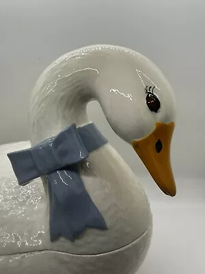Vintage 1980s Sittre Ceramic Duck Mother Goose Cookie Jar Country. Blue Bow • $42