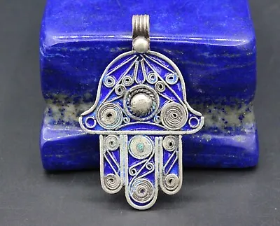 Moroccan Hamsa Hand Of Fatima Silver Enamel Pendant Tribal Blue Boho Pendant • $31.99