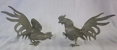 Vintage Pair Of Heavy Metal Decorative Fighting Roosters Cock Birds Figurines • $34.99