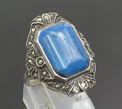 925 Silver - Vintage Victorian Royal Turquoise & Marcasite Ring Sz 6.5 - RG25149 • $42.35