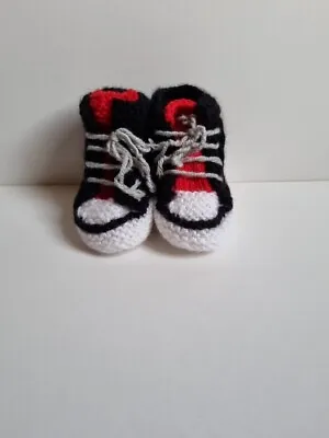 Handmade Crochet Baby Booties Converse Vans Style Lace Up BlackRed & White • £6.50