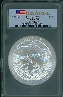 2011-p Glacier National Park Np Atb 5 Oz. Silver Pcgs Sp69 First Strike Sp-69 Fs • $395