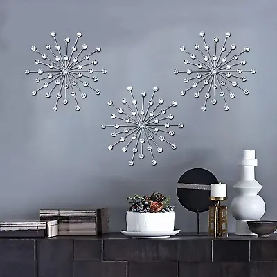 3 Set Silver Metal Jeweled Wall Art Bling Crystal Home Décor Starburst Rhineston • $30.27