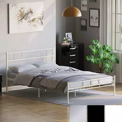 Metal Bed Frame Single Double King Size Black White Bedroom Memory Foam Mattress • £48.99