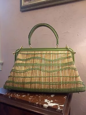 Beautiful Via Spiga Handbag Purse Green Leather Rattan Body  • $85