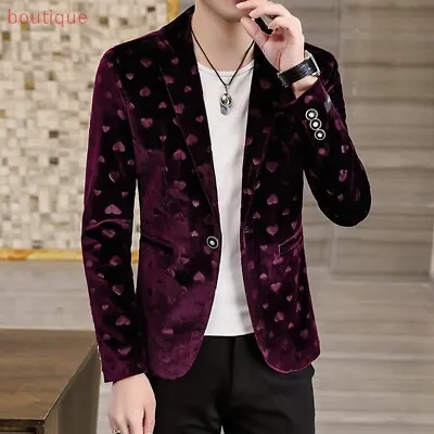 $54.19 • Buy Men's Korean Velvet Blazer Coat Slim Fit One Button Heart Pattern Formal Jackets