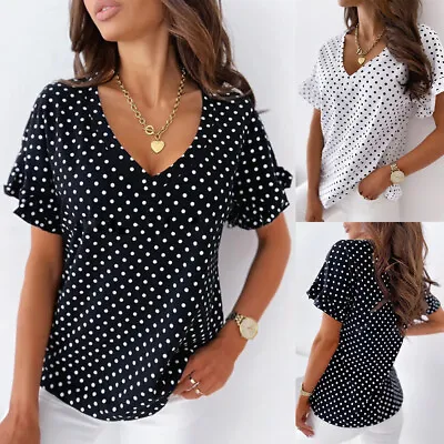 £9.79 • Buy Women Polka Dot Summer T-shirt V Neck Tee Tops Ladies Ruffle Short Sleeve Blouse