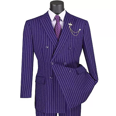 VINCI Men's Purple Pinstripe Double Breasted 6 Button Classic Fit Suit NEW • $110