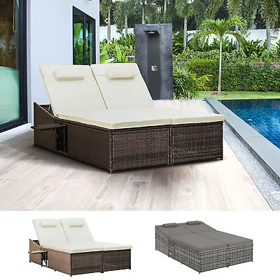 2 Person Rattan Daybed Lounger Garden Recline Chair Furniture Adjustable • £265.99