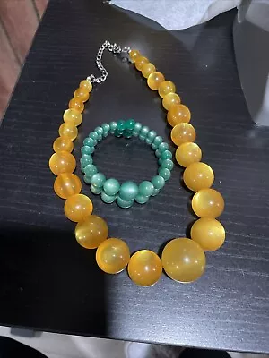 Vintage Plastic Cats Eye Bauble Yellow Necklace & Green Cuff Bracelet • $17