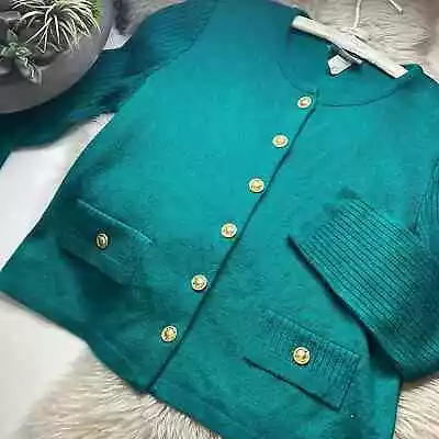 MITA Vintage 90s  Emerald Green Gold Button Front Knit Cardigan Small Women’s • $50