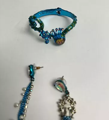 Betsey Johnson Crabby Couture Glitter Seahorse Bangle Bracelet & Mermaid Earring • $38