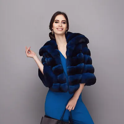 Women Nature Chinchilla Real Rex Rabbit Fur Coat Lapel Short Jacket Warm Outwear • $398.95