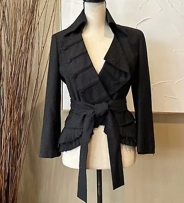 L.A.M.B Gwen Stefani Black Jacket With Pleats Frayed Edges Buttons Belt Sz 8 • $175