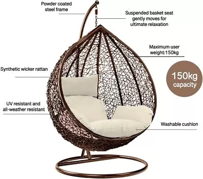 Hanging Egg Chair Rattan Garden Swing Chairs Patio Indoor Outdoor With Cushion • £169.99