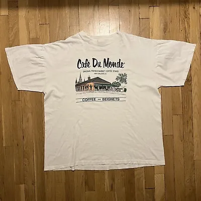 Vintage Cafe Du Monde XXL T Shirt White New Orleans NOLA Mardi Gras • $45