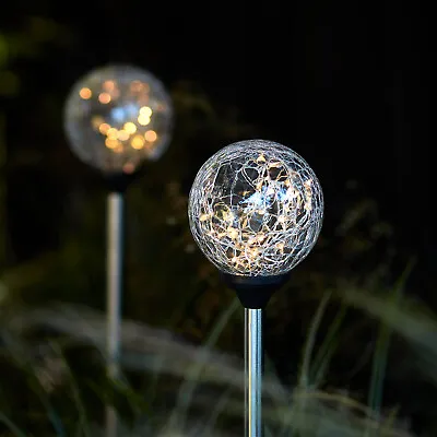 Set Of 2 Outdoor Garden Solar Stake Lights Warm WhiteLED Crackle Ball Lights4fun • £12.99