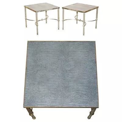 Pair Of Square Vintage Chrome Crocodile Alligator Leather Patina Side Tables • $3082.88