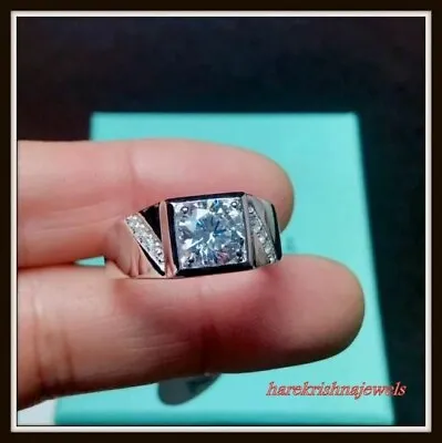 Men's Engagement Wedding 2CT Round Lab-Created Diamond Ring 14K White Gold Over • $143