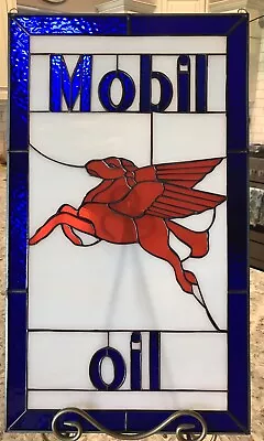 Vintage Style Mobil Oil Pegasus Handcrafted Stained Glass 21.25x12.25 Inch Sign • $259