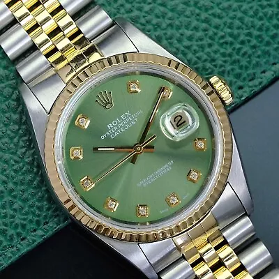 Rolex Mens Datejust 16233 18k Yellow Gold & Stainless Steel Green Dial Watch • $6295.50