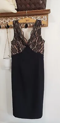 Maggie London Made USA Black W/ Lace V-Bust & V BACK Cocktail Midi Dress Wms 10 • $16.99