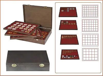 Lindner 2494-1 CARUS-4 Wood Coin Case 4 Tableaux Red Mix For 127 Coins • £86.06