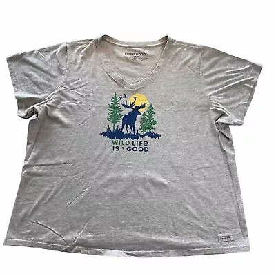 Life Is Good Crusher Tee Women's V-Neck 3XL Brown Wildlife Is Good Moose Top • $14.99