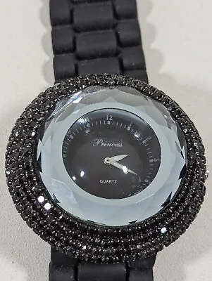 $13.99 • Buy Princess Black Dial Raised Prism Crystal Marcasite Case Black Silicone Watch