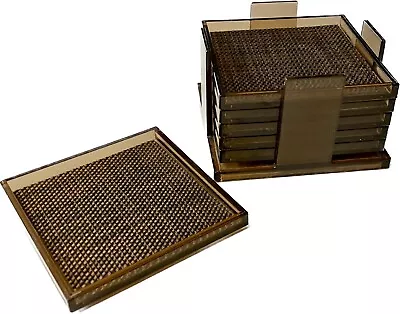 Set Of 6 MCM Retro 1960s Brown Lucite Drink Coasters Square Stackable + Holder • $20