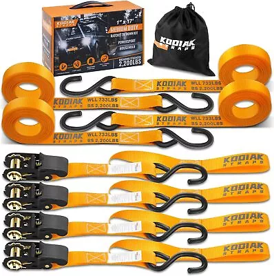 4-Pack Ratchet Tie Down Straps 1in X 17ft Orange - 2200lbs MBS - KODIAK STRAPS • $27.99