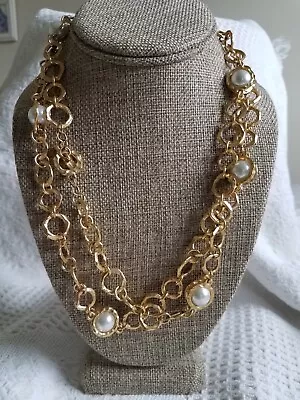 KARINE SULTAN  KS ~ Gold Tone Necklace Belt ~ Faux Pearls ~ Hammered ~ 42  Long • $20