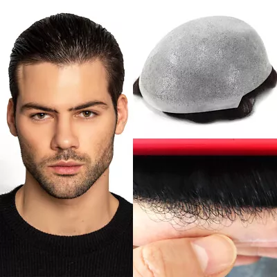 Toupee For Men Human Super Thin Skin Men Hairpieces Wig Natural Black #1C • $55.99