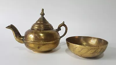 Vintage Middle Eastern Brass Teapot & Bowl • $18.65